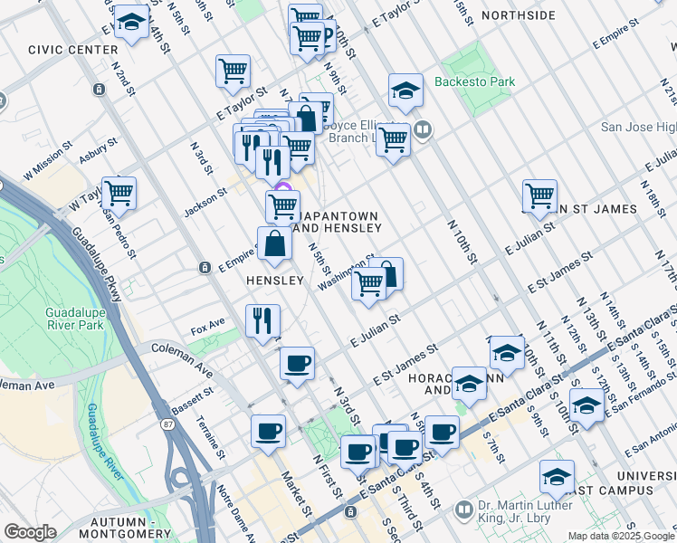 map of restaurants, bars, coffee shops, grocery stores, and more near 404 North 5th Street in San Jose