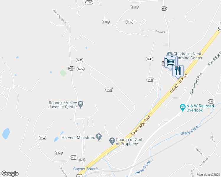 map of restaurants, bars, coffee shops, grocery stores, and more near 256 Eagle Ridge in Roanoke