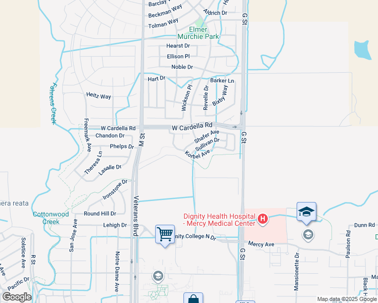 map of restaurants, bars, coffee shops, grocery stores, and more near 389 Shafer Avenue in Merced