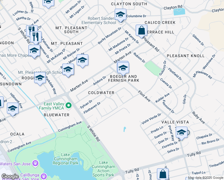 map of restaurants, bars, coffee shops, grocery stores, and more near 3250 Sylvan Drive in San Jose