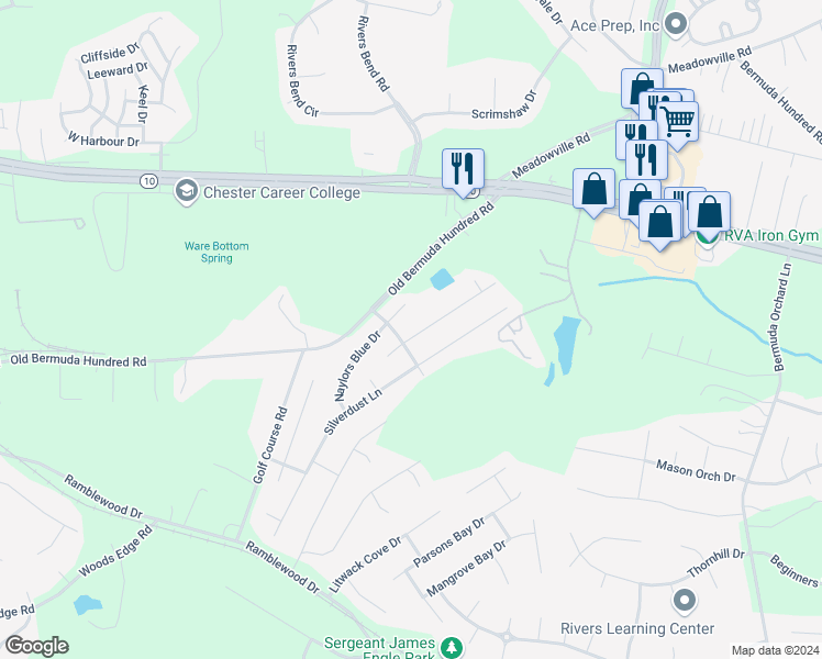 map of restaurants, bars, coffee shops, grocery stores, and more near 13366 Castlewellan Drive in Chester