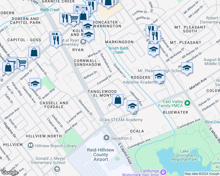 map of restaurants, bars, coffee shops, grocery stores, and more near 2791 Woodmoor Drive in San Jose