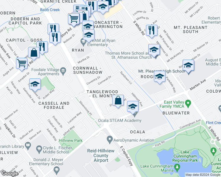 map of restaurants, bars, coffee shops, grocery stores, and more near 2791 Woodmoor Drive in San Jose