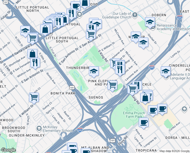 map of restaurants, bars, coffee shops, grocery stores, and more near 1600 Hermocilla Way in San Jose