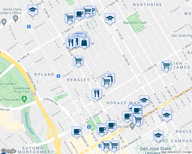 map of restaurants, bars, coffee shops, grocery stores, and more near 432 North 5th Street in San Jose