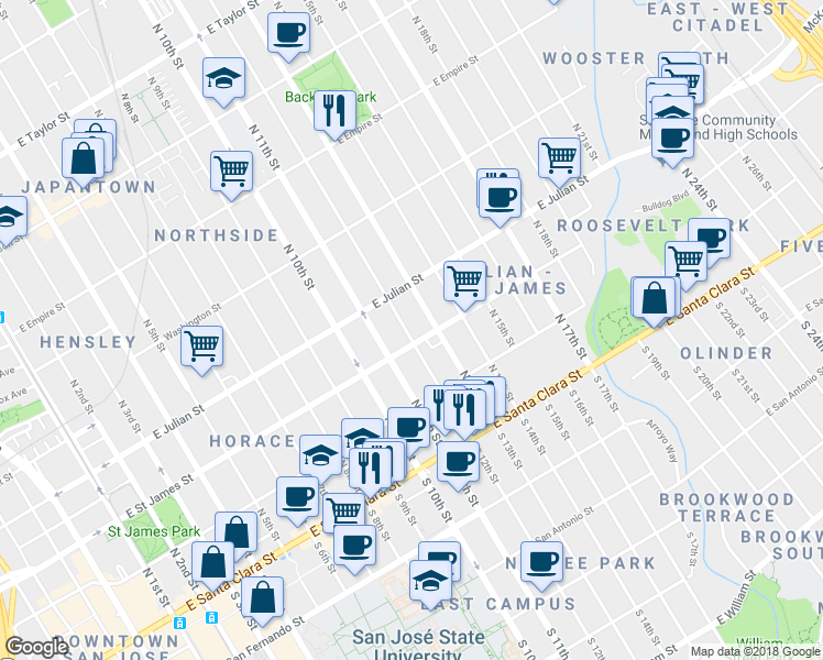 map of restaurants, bars, coffee shops, grocery stores, and more near 218 North 12th Street in San Jose