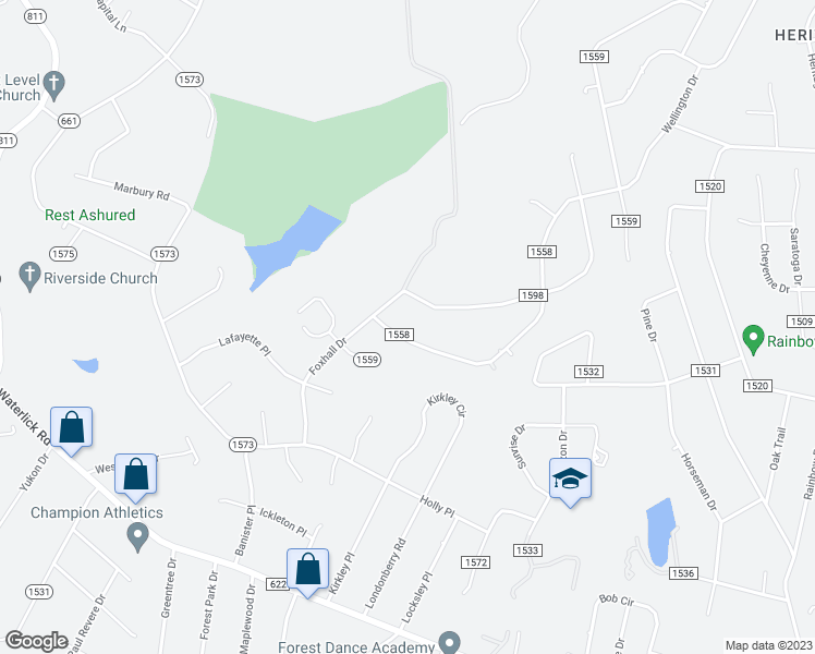 map of restaurants, bars, coffee shops, grocery stores, and more near 1079 Wellington Drive in Forest
