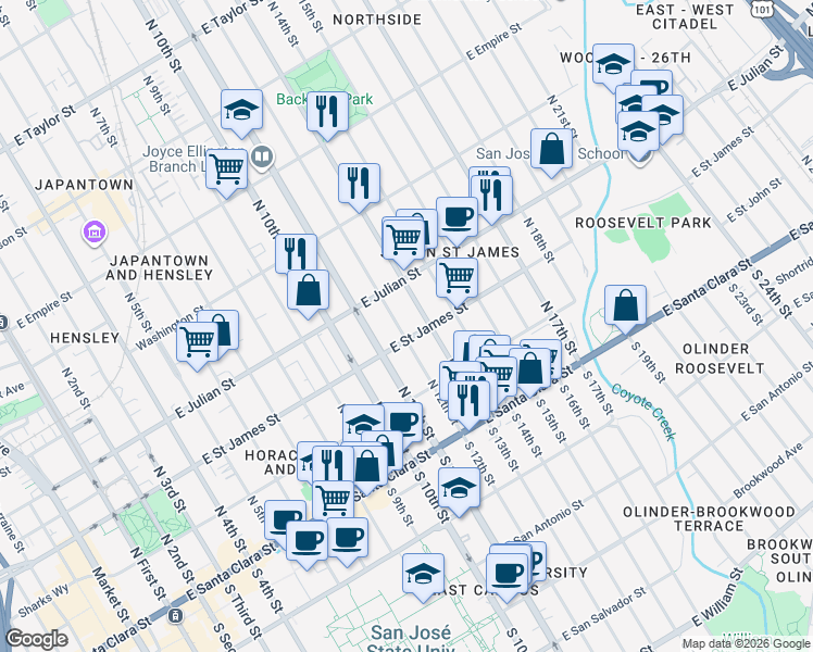 map of restaurants, bars, coffee shops, grocery stores, and more near 218 North 12th Street in San Jose