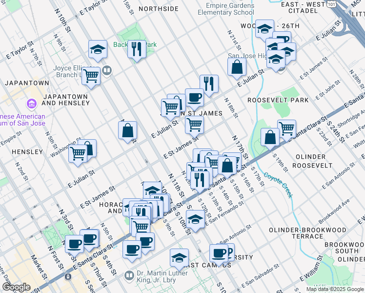map of restaurants, bars, coffee shops, grocery stores, and more near E St James St & N 13th St in San Jose