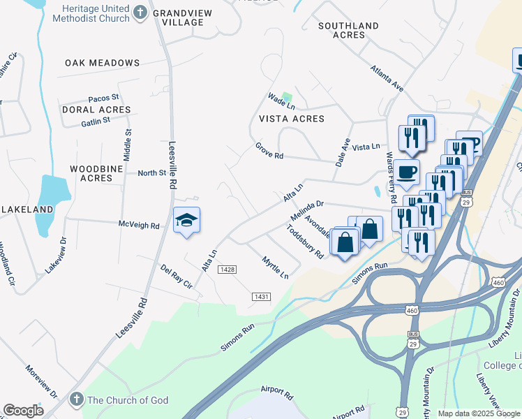map of restaurants, bars, coffee shops, grocery stores, and more near 102 Bentley Grove Way in Lynchburg