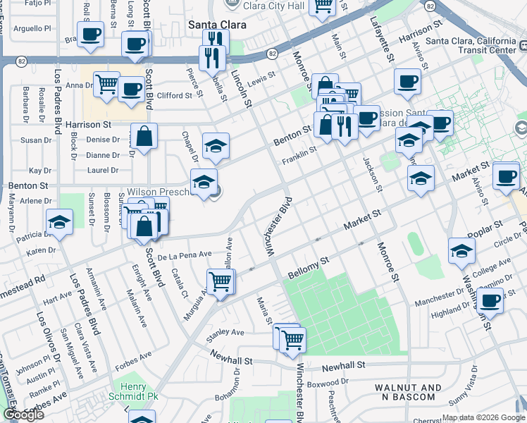 map of restaurants, bars, coffee shops, grocery stores, and more near 1765 Lexington Street in Santa Clara