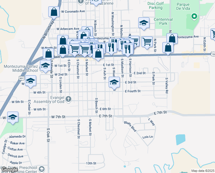map of restaurants, bars, coffee shops, grocery stores, and more near 206 East 3rd Street in Cortez