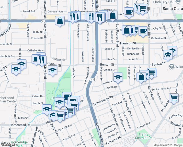 map of restaurants, bars, coffee shops, grocery stores, and more near 1031 Las Palmas Drive in Santa Clara