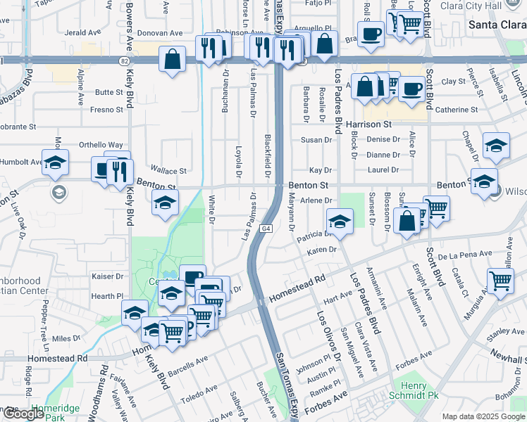 map of restaurants, bars, coffee shops, grocery stores, and more near 1031 Las Palmas Drive in Santa Clara