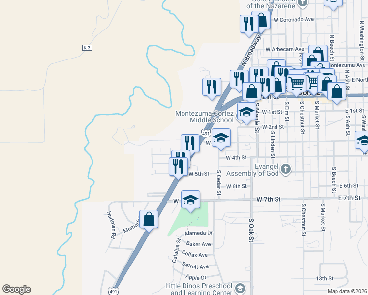 map of restaurants, bars, coffee shops, grocery stores, and more near 313 South Broadway in Cortez