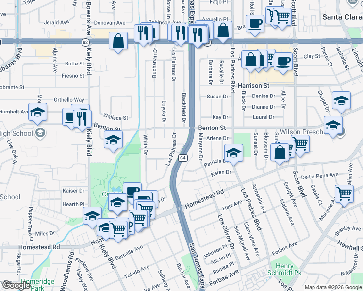 map of restaurants, bars, coffee shops, grocery stores, and more near 1031 Las Palmas Drive in Santa Clara