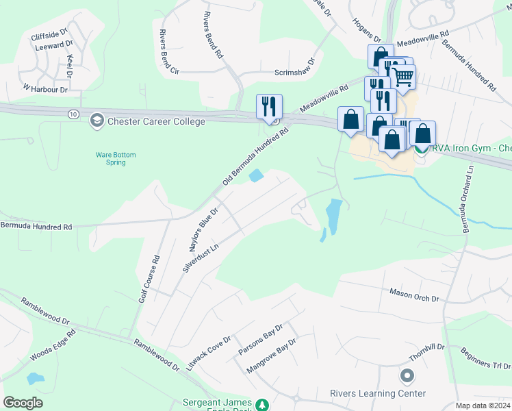 map of restaurants, bars, coffee shops, grocery stores, and more near 13343 Castlewellan Drive in Chester