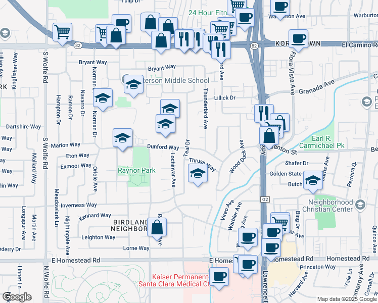 map of restaurants, bars, coffee shops, grocery stores, and more near 3856 Dunford Way in Santa Clara