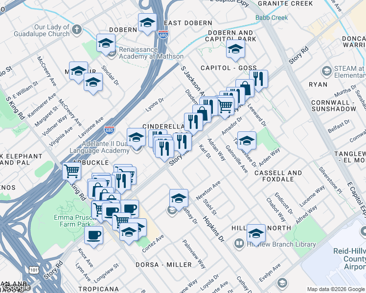 map of restaurants, bars, coffee shops, grocery stores, and more near 2147 Nottoway Avenue in San Jose