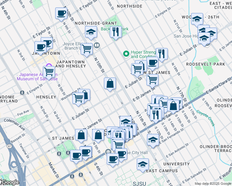 map of restaurants, bars, coffee shops, grocery stores, and more near North 10th Street & East Julian Street in San Jose