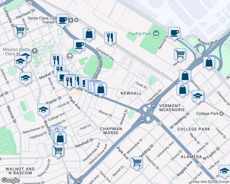 map of restaurants, bars, coffee shops, grocery stores, and more near 1178b Maple Avenue in San Jose
