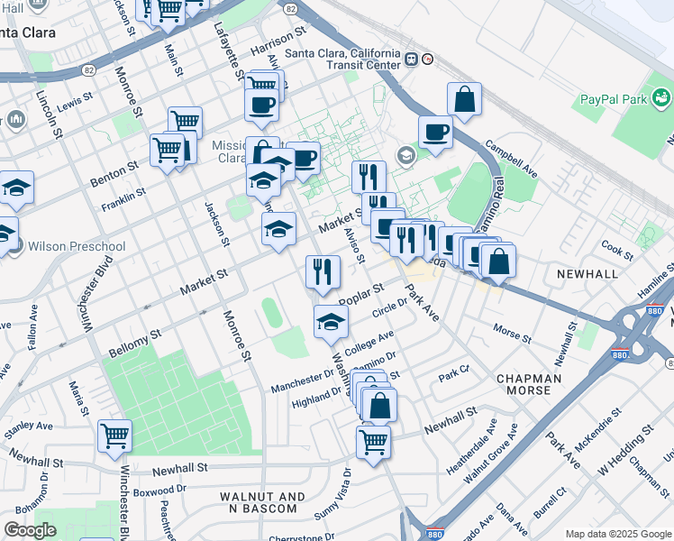 map of restaurants, bars, coffee shops, grocery stores, and more near 821 Alviso Street in Santa Clara