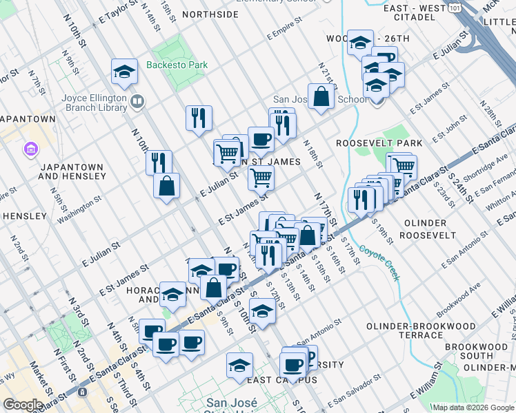 map of restaurants, bars, coffee shops, grocery stores, and more near 643 East Saint James Street in San Jose