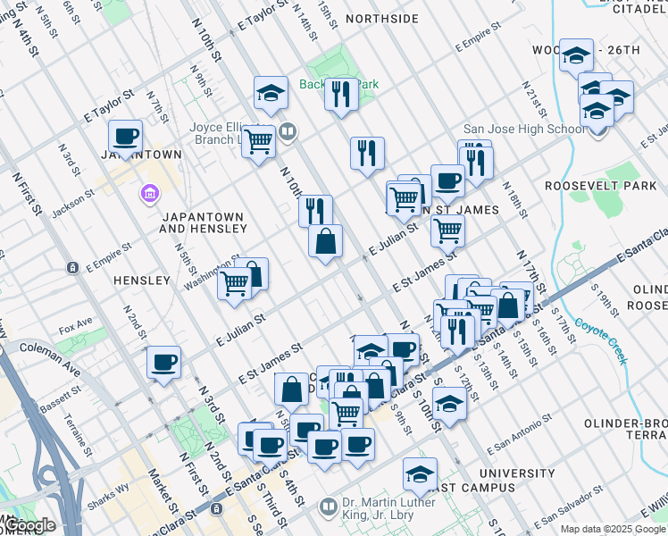 map of restaurants, bars, coffee shops, grocery stores, and more near 445 East Julian Street in San Jose