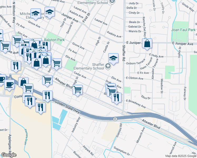 map of restaurants, bars, coffee shops, grocery stores, and more near 456 Drakeley Avenue in Atwater
