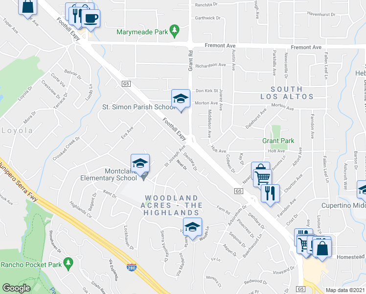 map of restaurants, bars, coffee shops, grocery stores, and more near St Joseph Ave & Granger Ave in Los Altos