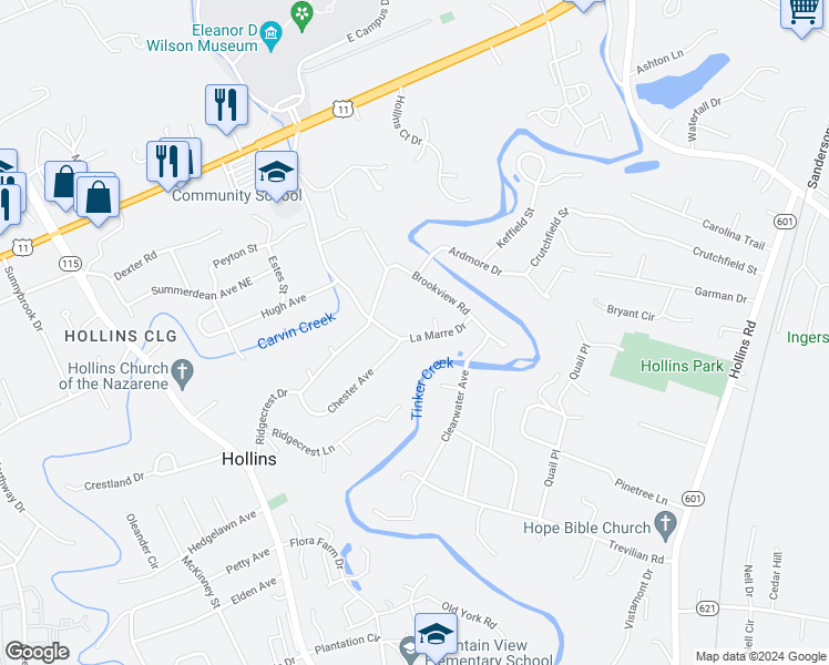 map of restaurants, bars, coffee shops, grocery stores, and more near 6951 La Marre Drive in Hollins