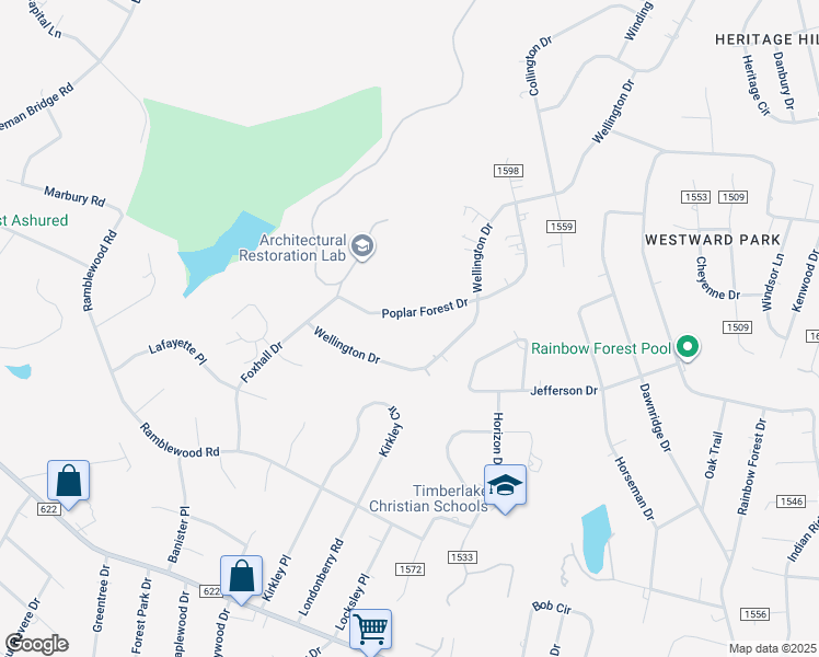 map of restaurants, bars, coffee shops, grocery stores, and more near 514 Poplar Forest Drive in Forest
