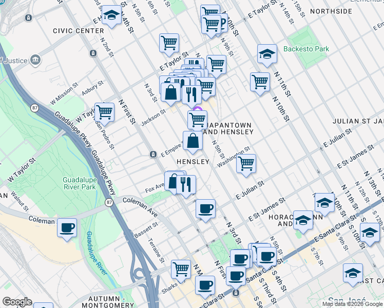 map of restaurants, bars, coffee shops, grocery stores, and more near 474 North 3rd Street in San Jose