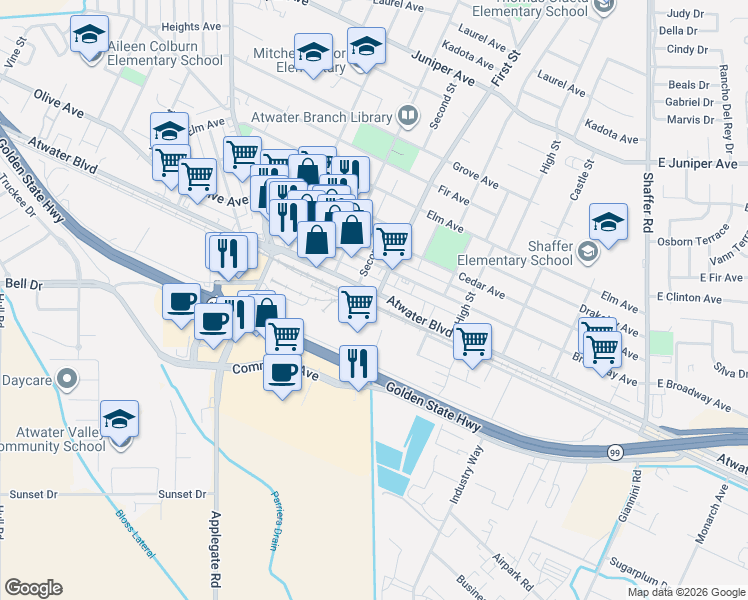 map of restaurants, bars, coffee shops, grocery stores, and more near 998 Atwater Boulevard in Atwater