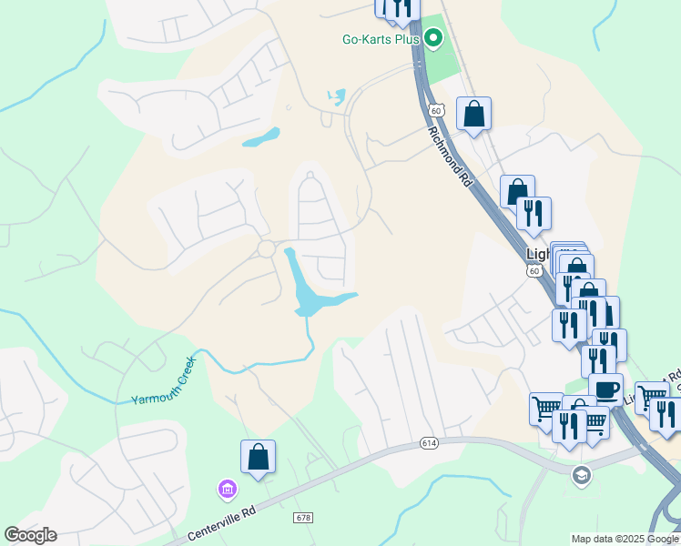 map of restaurants, bars, coffee shops, grocery stores, and more near 6739 Evensong Lane in Williamsburg