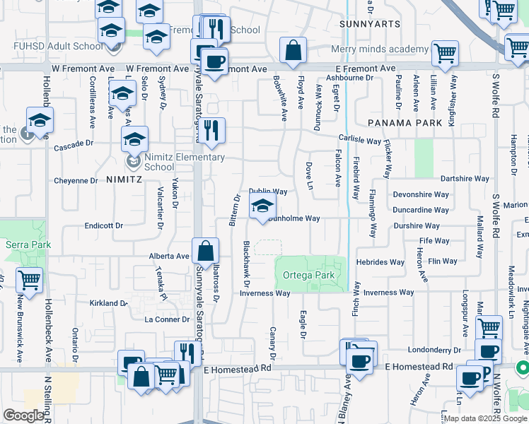 map of restaurants, bars, coffee shops, grocery stores, and more near in Sunnyvale