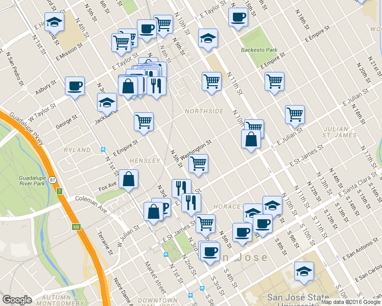 map of restaurants, bars, coffee shops, grocery stores, and more near N 6th St & Washington St in San Jose