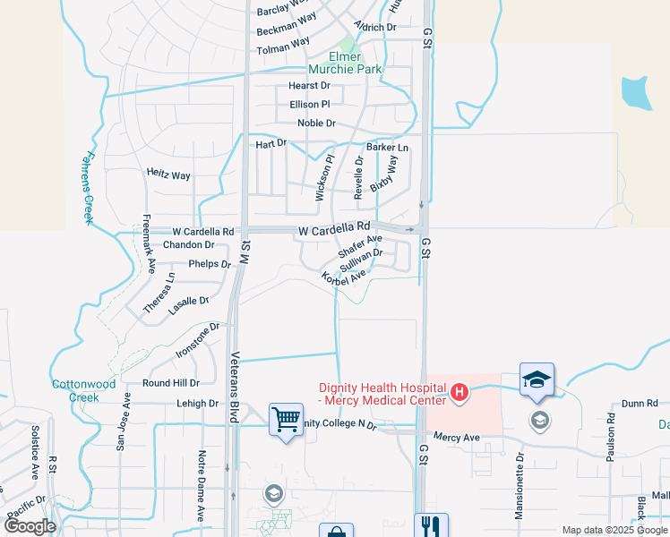 map of restaurants, bars, coffee shops, grocery stores, and more near 313 Sullivan Drive in Merced