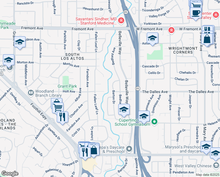 map of restaurants, bars, coffee shops, grocery stores, and more near 1487 Barton Drive in Sunnyvale