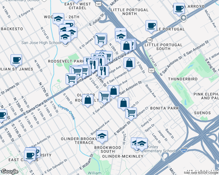 map of restaurants, bars, coffee shops, grocery stores, and more near 124 South 24th Street in San Jose