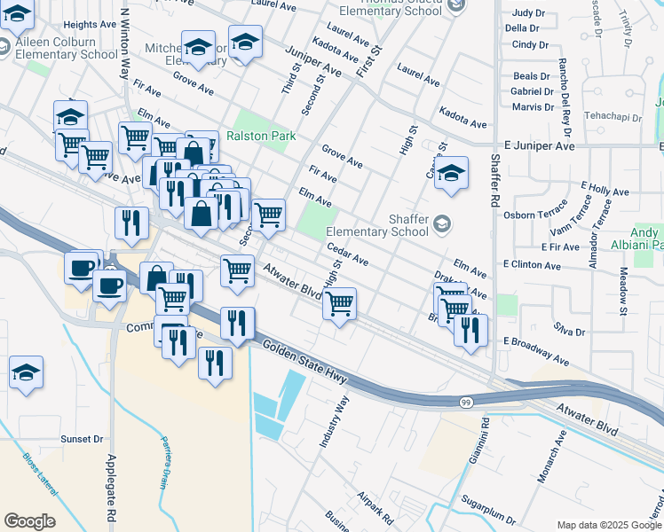 map of restaurants, bars, coffee shops, grocery stores, and more near 701 Broadway Avenue in Atwater