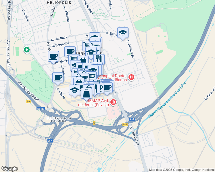 map of restaurants, bars, coffee shops, grocery stores, and more near 1 Glorieta de Letonia in Sevilla
