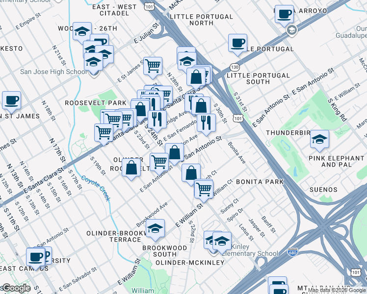 map of restaurants, bars, coffee shops, grocery stores, and more near 1236 Whitton Avenue in San Jose