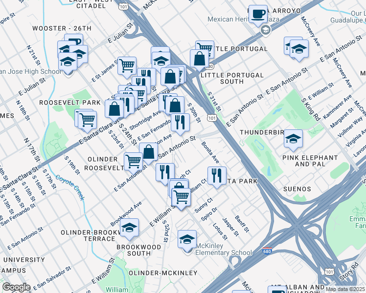 map of restaurants, bars, coffee shops, grocery stores, and more near 1346 East San Antonio Street in San Jose