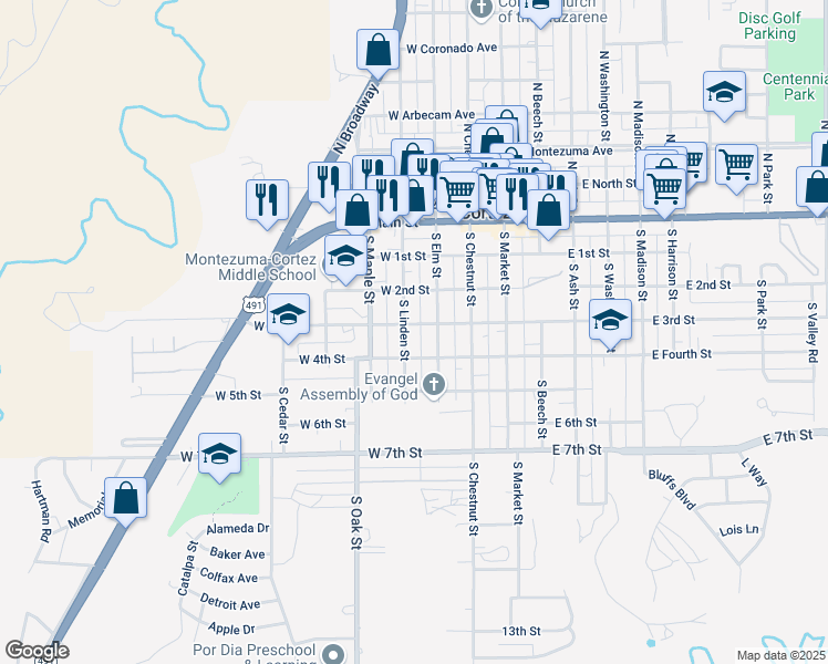 map of restaurants, bars, coffee shops, grocery stores, and more near 222 West 3rd Street in Cortez