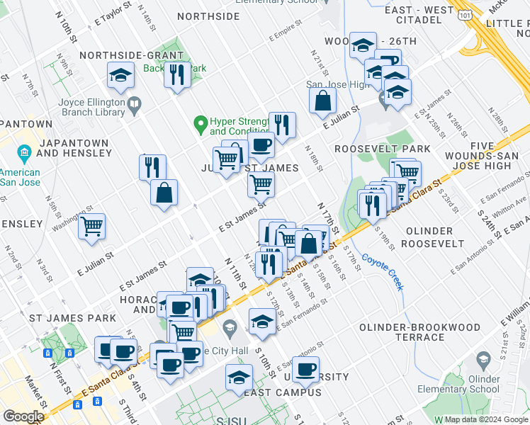 map of restaurants, bars, coffee shops, grocery stores, and more near 643 East Saint James Street in San Jose