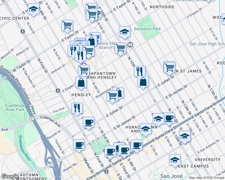 map of restaurants, bars, coffee shops, grocery stores, and more near 404 North 6th Street in San Jose
