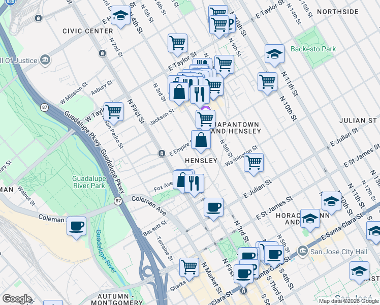 map of restaurants, bars, coffee shops, grocery stores, and more near 474 North 3rd Street in San Jose