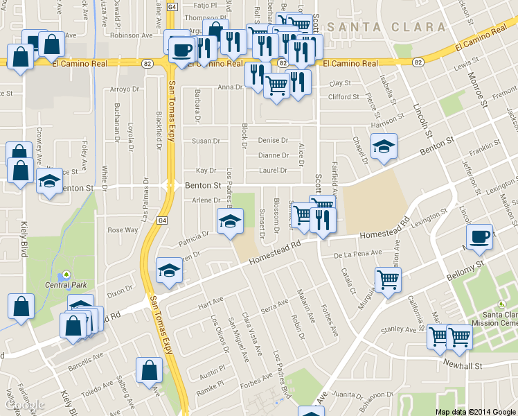 map of restaurants, bars, coffee shops, grocery stores, and more near 1045 Los Padres Boulevard in Santa Clara