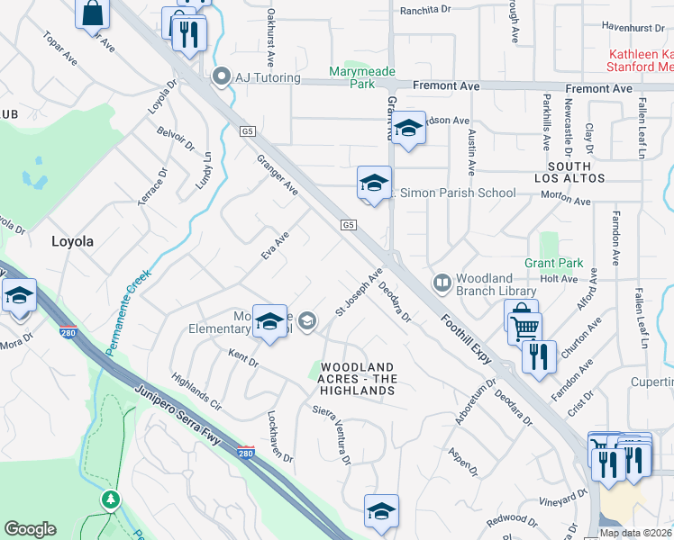 map of restaurants, bars, coffee shops, grocery stores, and more near 1235 Sandalwood Lane in Los Altos